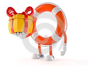 Life buoy character holding gift