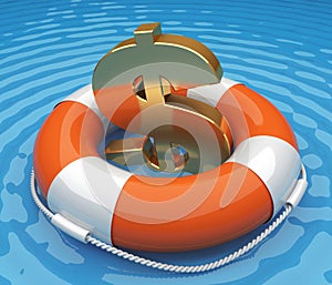 Life buoy with a dollar symbol in the water