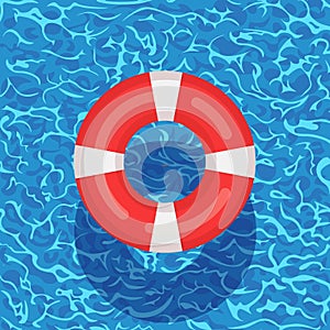 Life buoy floating in swimming pool. Beach rubber ring on water isolated on background. Lifebuoy, cute toy for children.