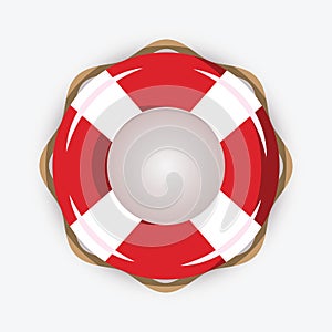 Life buoy isolated on white background. Red and white lifebuoy with stripes for sos emergency, for safety in water with