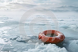 Life buoy rescue ring in the middle of the frozen iced ocean for rescue and help sos or climate change