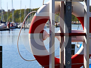 Life buoy ring hanging in a marina