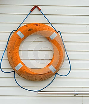 Life buoy with rope hanging around the pool