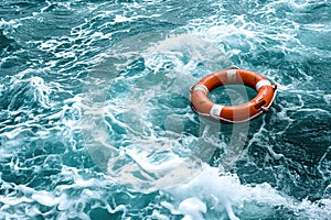 Life buoy on rough blue water background, symbolizing rescue in the sea