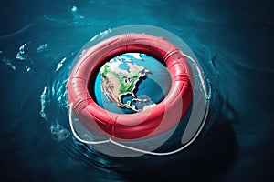 A life buoy saving planet earth from drowning by climate change