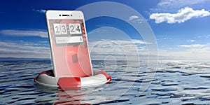 Life buoy and a smartphone on blue sea background. 3d illustration