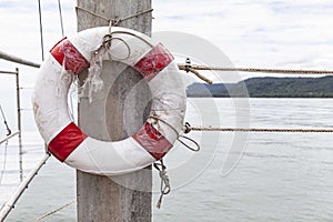 Life buoys for tourists are prepared in front of the resort