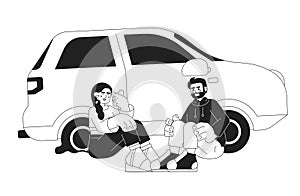 Life changing car accident black and white cartoon flat illustration