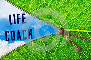 Life coach word under zipper leaf