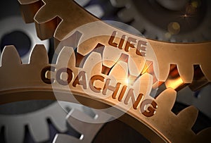 Life Coaching on Golden Metallic Cogwheels. 3D Illustration.