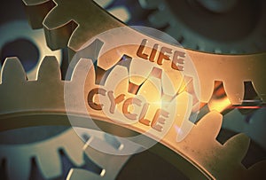 Life Cycle Concept. Golden Cogwheels. 3D Illustration.