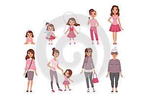 Life cycles of woman, stages of growing up from baby to woman vector Illustration