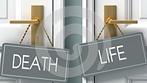 Life or death as a choice in life - pictured as words death, life on doors to show that death and life are different options to