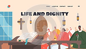 Life And Dignity Landing Page Template. Catholic Church Filled With People, Gathered For Worship Or Celebration