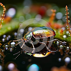 Life in a Drop: Macro Shot of a Water Beetle Floating in a Tiny Pond