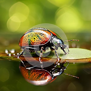 Life in a Drop: Macro Shot of a Water Beetle Floating in a Tiny Pond photo