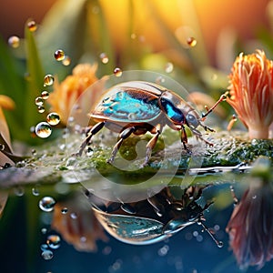 Life in a Drop: Macro Shot of a Water Beetle Floating in a Tiny Pond photo