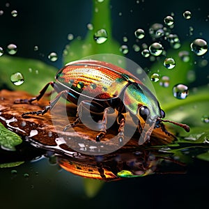 Life in a Drop: Macro Shot of a Water Beetle Floating in a Tiny Pond photo