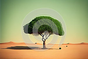 Life ecology solitude concept - lonely green tree in desert dunes