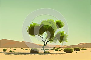 Life ecology solitude concept - lonely green tree in desert dunes