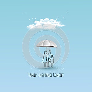Life and family insurance concept. Rainy over the family. Vector illustration