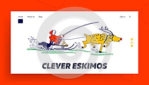 Life in Far North Landing Page Template. Eskimo Character Riding Reindeer Sleigh with happy Dog Run beside photo