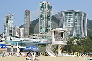 Life guard on duty at Stanley town beach in Hong Kong, China.