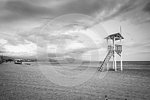 Life gaurd hut on a beach.