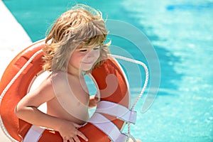 Life guard kid. Be careful on water. Saving life. Helping concept. Child with rescue circle.