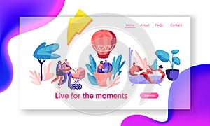 Life for Happy Moment Landing Page. Man and Woman Take Bath with Bubble. Love Couple Fly Air Balloon in Sky. Walk Family with Baby