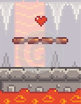 Life heart above unstable platform over magma, lava texture, overcoming obstacle, bonus life