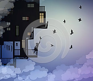 Life on heavens, put the moon on the night sky, house on the sky with man putting the moon above the clouds, fairy photo