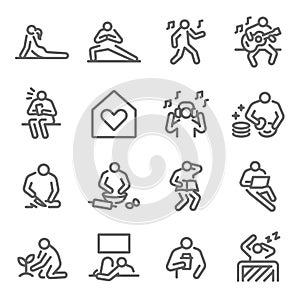 Life at home icon set vector illustration. Contains such icon as Relax, Home cooking, Sleeping, Working from home, Plant, Yoga, an