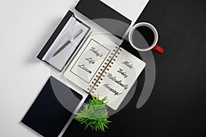 Notebook, Inspirational Quotes with Pen, Coffee Mug and Potted P