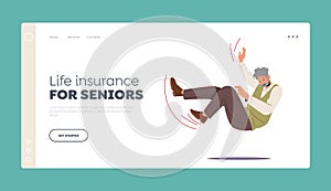 Life Insurance for Seniors Senior Landing Page Template. Careless Aged Man Falling, Old Male Character Fall due Stumble