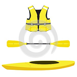 Life jacket, kayak boat and oar