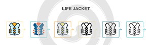 Life jacket vector icon in 6 different modern styles. Black, two colored life jacket icons designed in filled, outline, line and