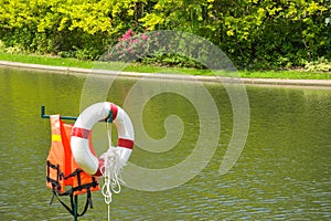 Life jackets and floats save life by the water and the scenery in Garden Park in Bangkok, Thailand.