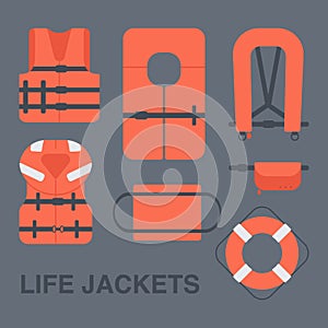 Life jackets types flat icons set