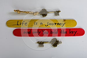 Life is a journey and only you hold the key. Motivation inspirational script lettering quote about life