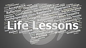 Life Lessons Word Cloud. Inspirational terms for growth, character, and personal values photo