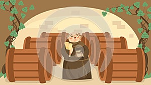 Life in middle ages, cheerfully christian monk, wine cellar, bodega, old male character, flat vector illustration