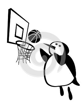 The life of penguins. Three-point shot. Penguin as a basketball star.