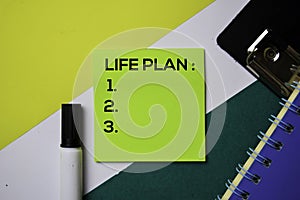 Life Plan support by adding number text on sticky notes with office desk concept