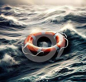 Life preserver adrift in a rough sea