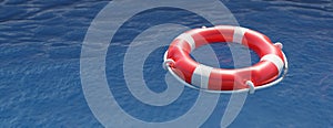 Life preserver on ocean water surface. Lifebuoy float ring, rescue life. Overhead view. 3d render