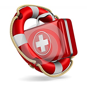 Life ring and first aid kit on white background. Isolated 3d illustration