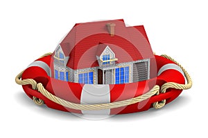 Life ring and house on white background. Isolated 3d illustration