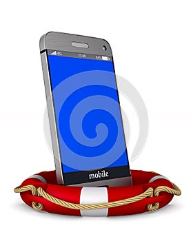 Life ring and phone on white background. Isolated 3d illustration