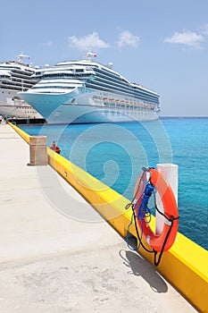 Life Ring at Port With Cruise Ships in Background